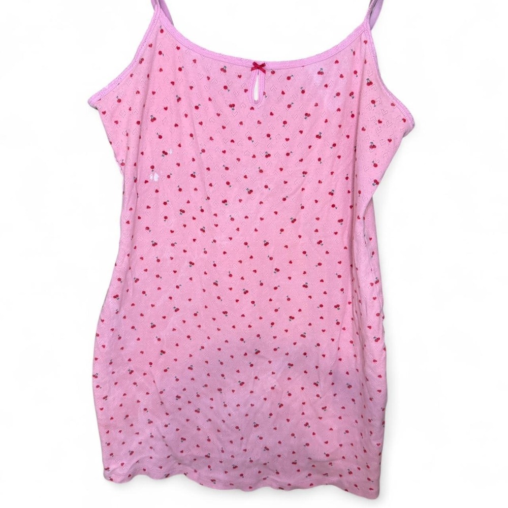 Pink Victoria's Secret tank top with small red hearts and cherries, size L